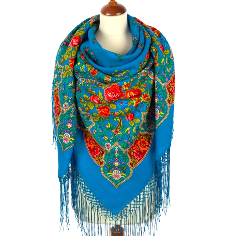 NWT🌹Russian Pavlovo Posad Shawl 100% Wool fabric with silk fringe